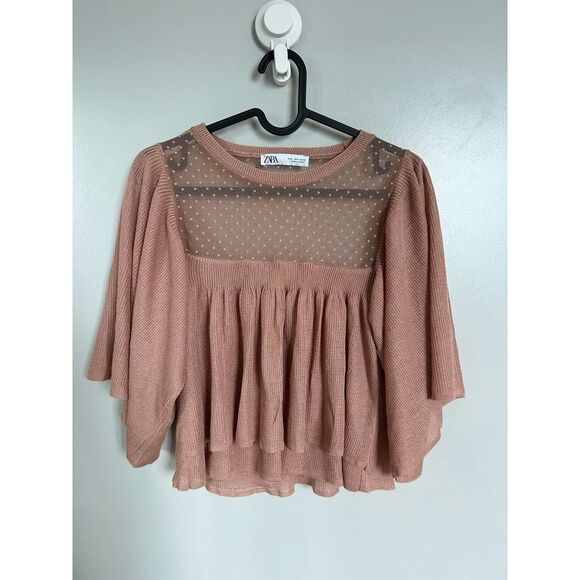 Zara EUC Ruffled Mesh Details Knit Top Blouse Size S Bloggers Favourite - Picture 7 of 9